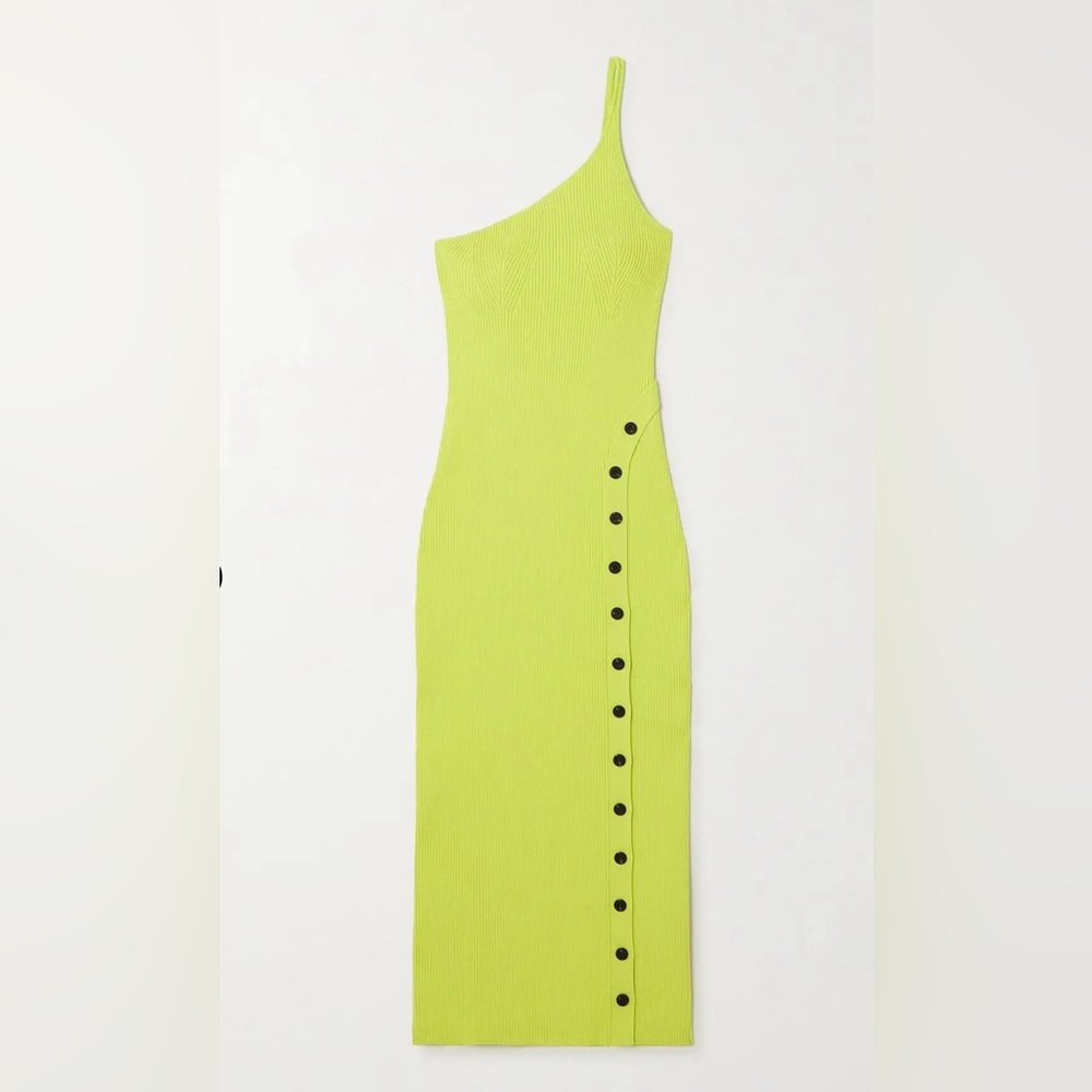 Self Portrait One - Shoulder Ribbed Knit Midi Dress Lime US 4
